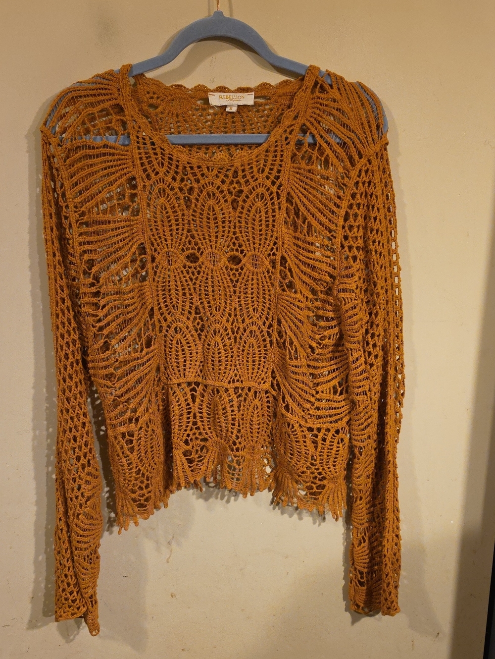 Rebellion Openwork Crochet Sweater in Rust